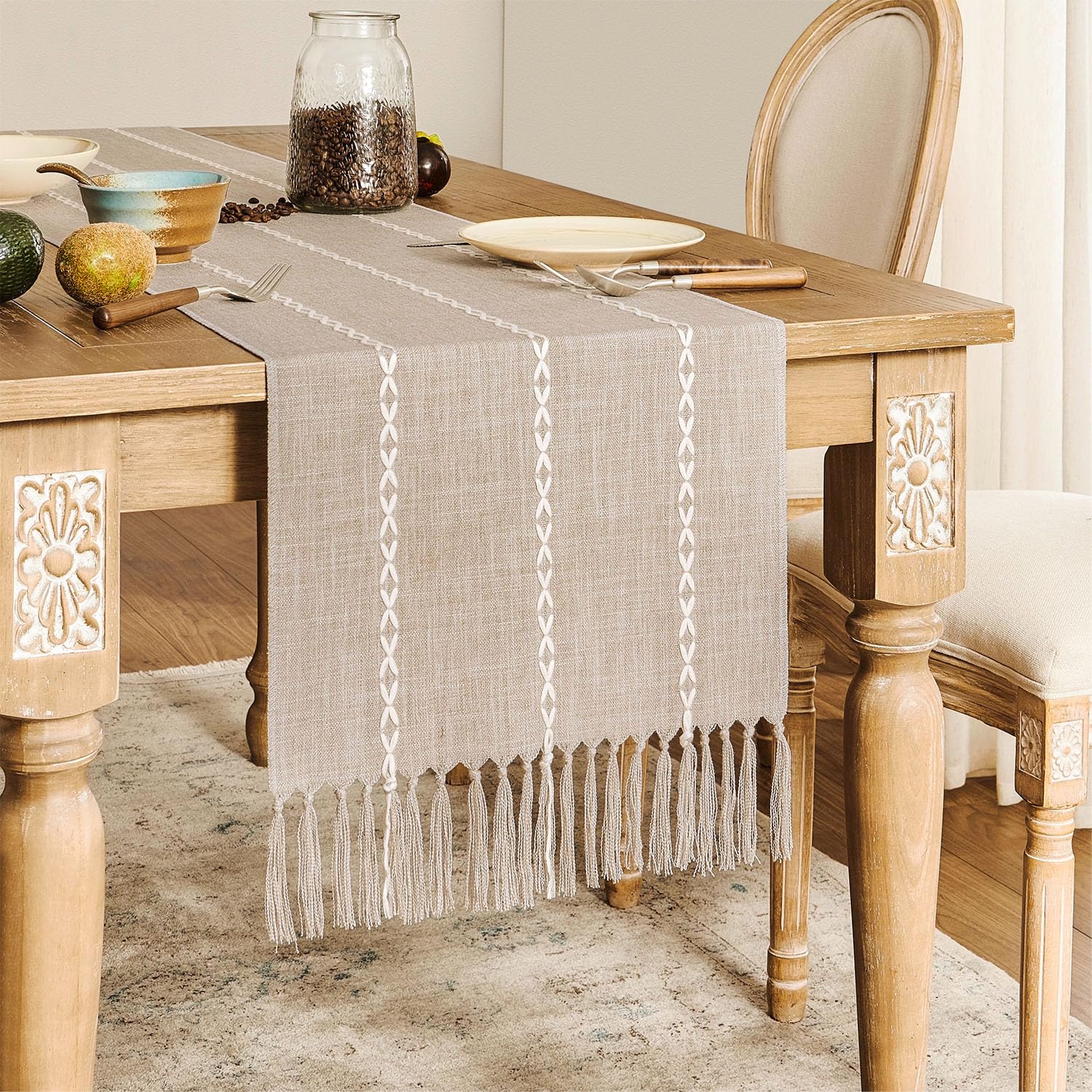 Embroidery Xmas - Rustic Linen Table Runner Farmhouse Style