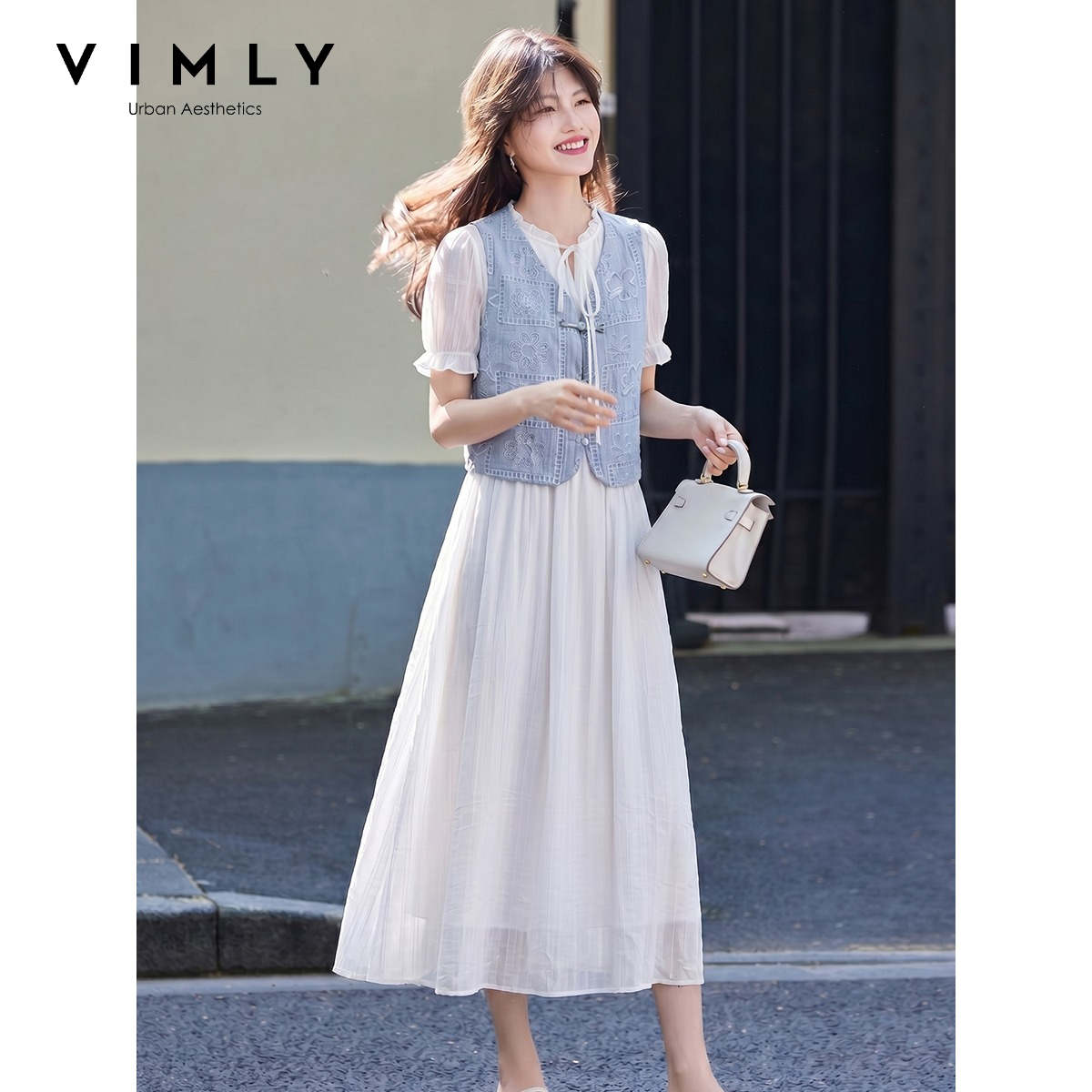 Embroidery Vest - VIMLY Women's Elegant Blue White Dress
