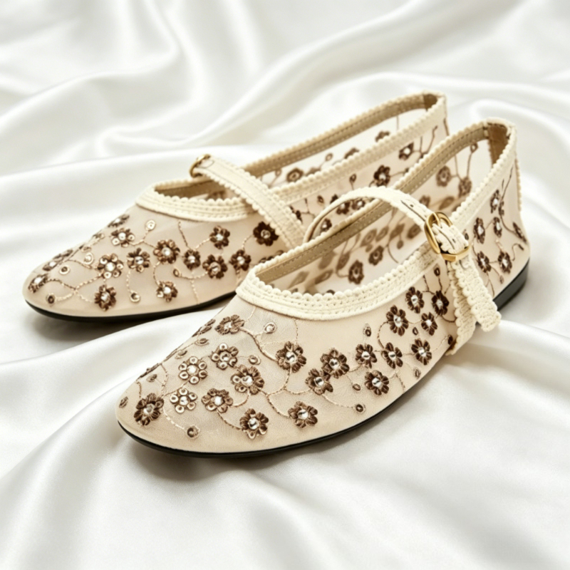 Embroidery Ideas - Designer Embroidered Mesh Ballet Flats Women