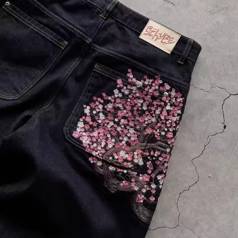 Y2K Mens Womens Harajuku Hip H - Embroidery Jeans Sakura review and price