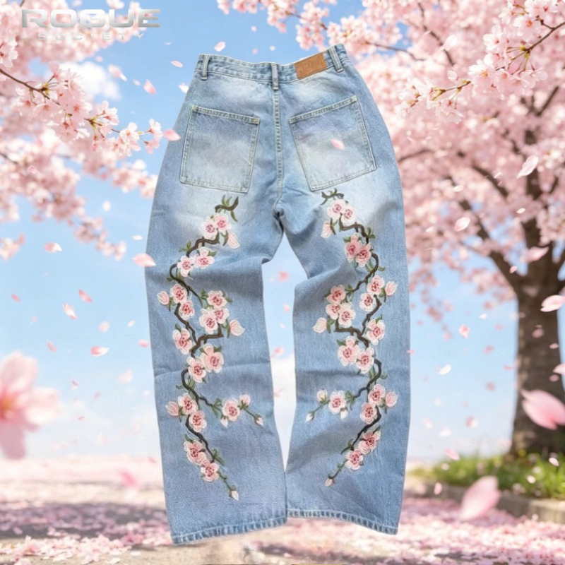 New Y2K American Retro Sakura  - Embroidery Jeans Sakura review and price