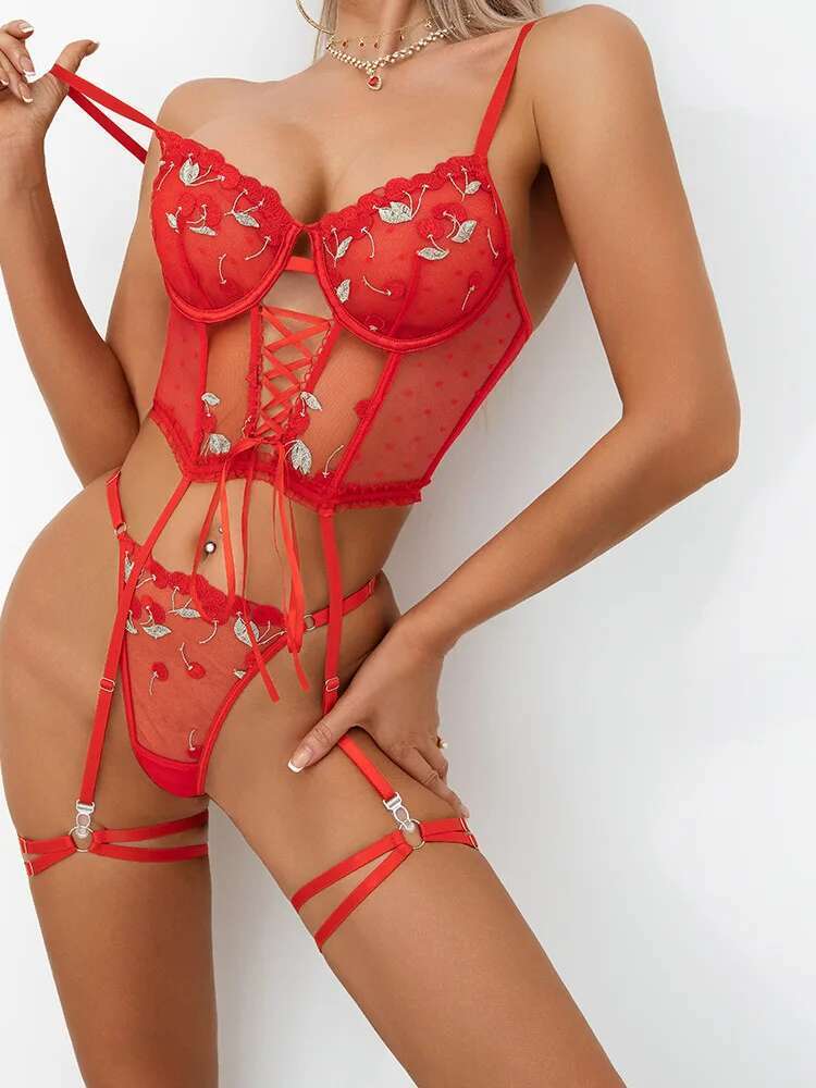 Sexy Solid Color Flower Embroi - Embroidery Red review and price