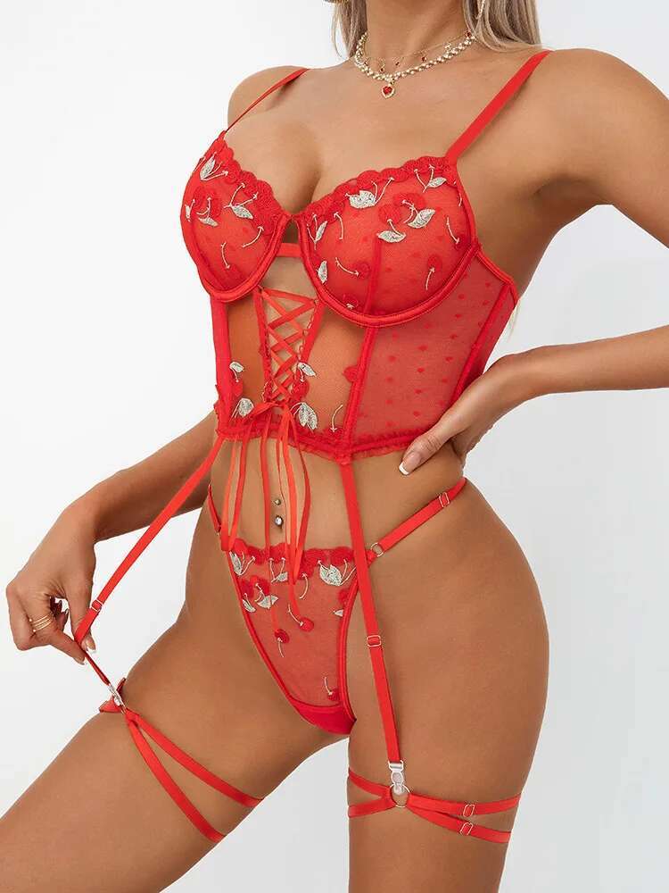 Sexy Solid Color Flower Embroi - Embroidery Red review and price