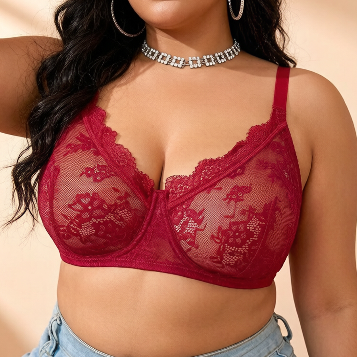 Women Plus Size Red Lace Sheer - Embroidery Red review and price
