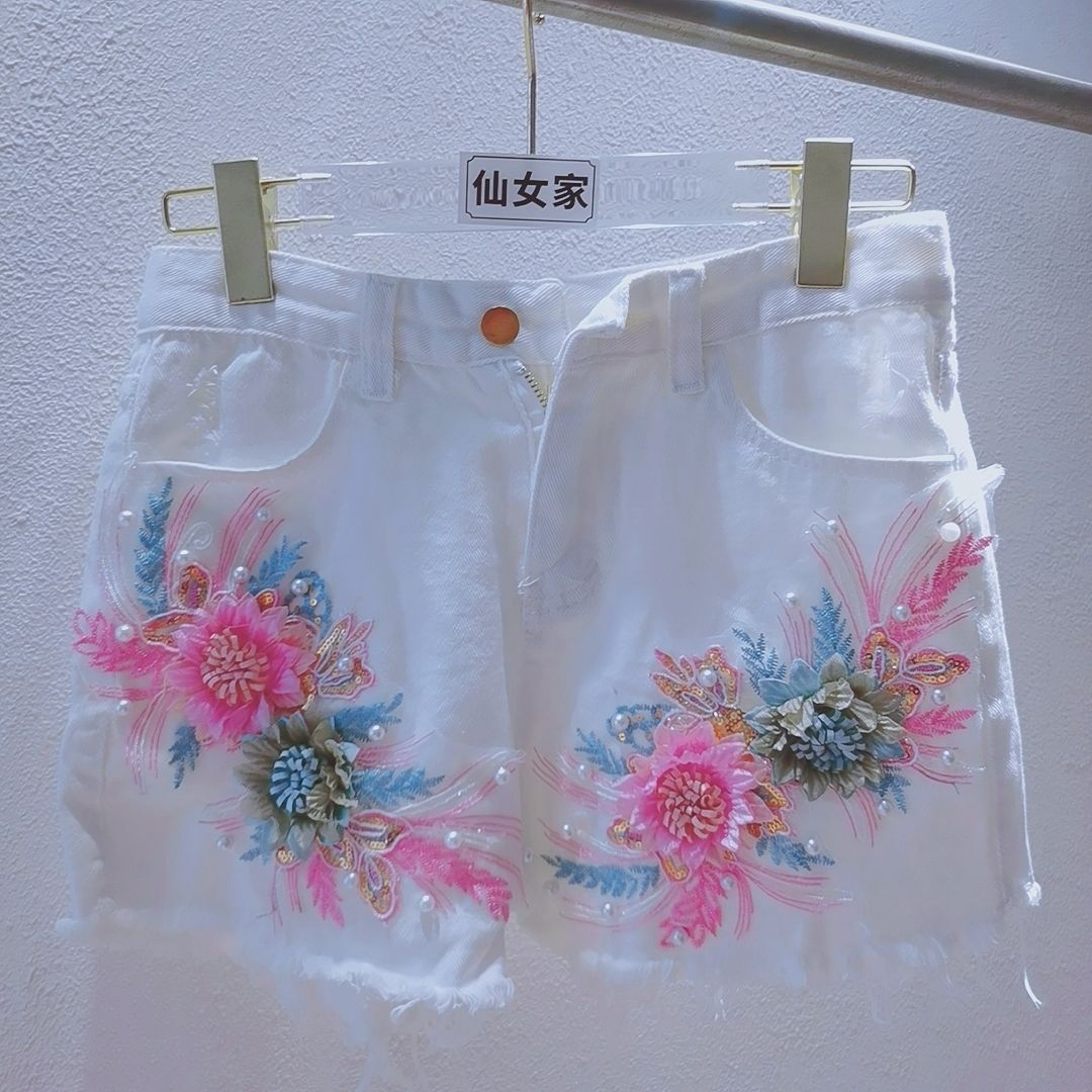 Korean Fashion Women Summer De - Embroidery Jeans Sakura review and price