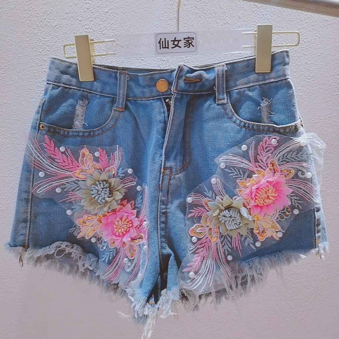 Korean Fashion Women Summer De - Embroidery Jeans Sakura review and price