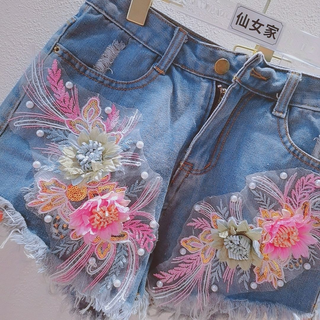 Korean Fashion Women Summer De - Embroidery Jeans Sakura review and price
