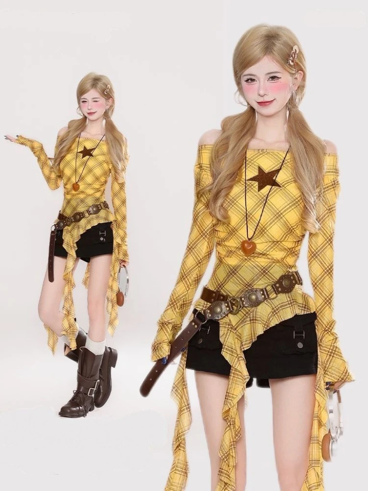 Y2K Plaid Slash Neck Vintage T - Embroidery Fashion review and price
