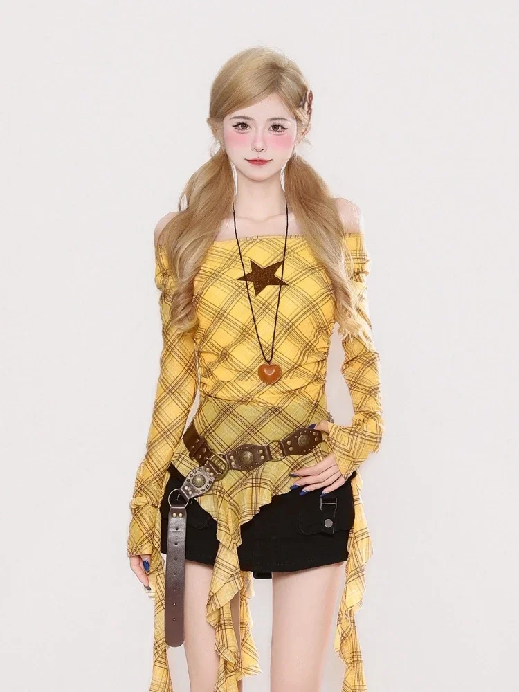 Y2K Plaid Slash Neck Vintage T - Embroidery Fashion review and price