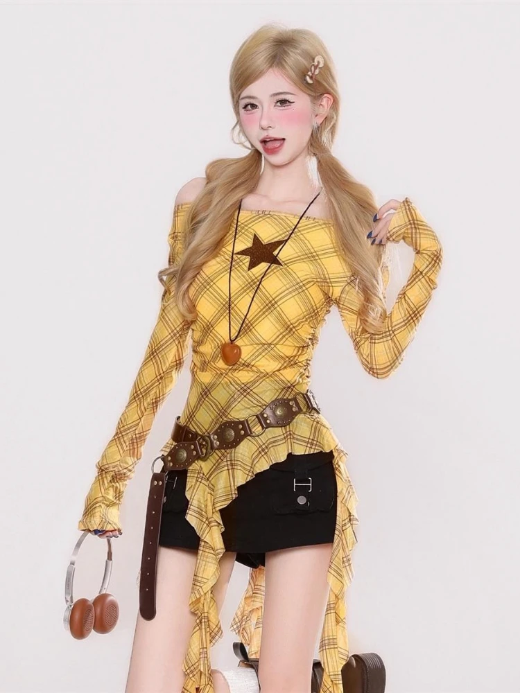 Y2K Plaid Slash Neck Vintage T - Embroidery Fashion review and price