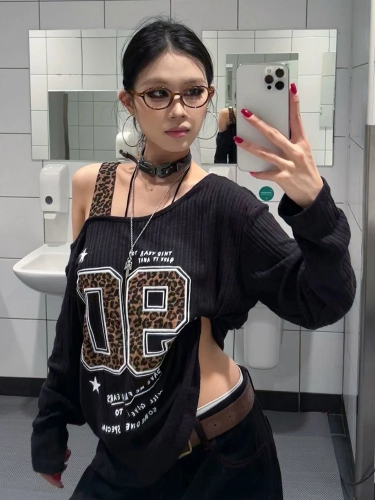 Y2K Patchwork Leopard Print T- - Embroidery Fashion review and price