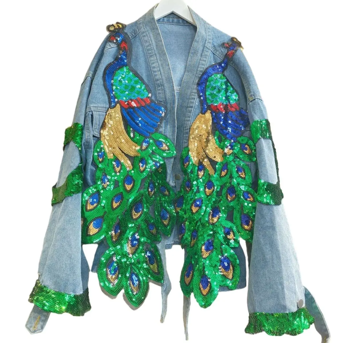 Women V-neck 3D Peacock Sequin - Embroidery Jeans Sakura review and price
