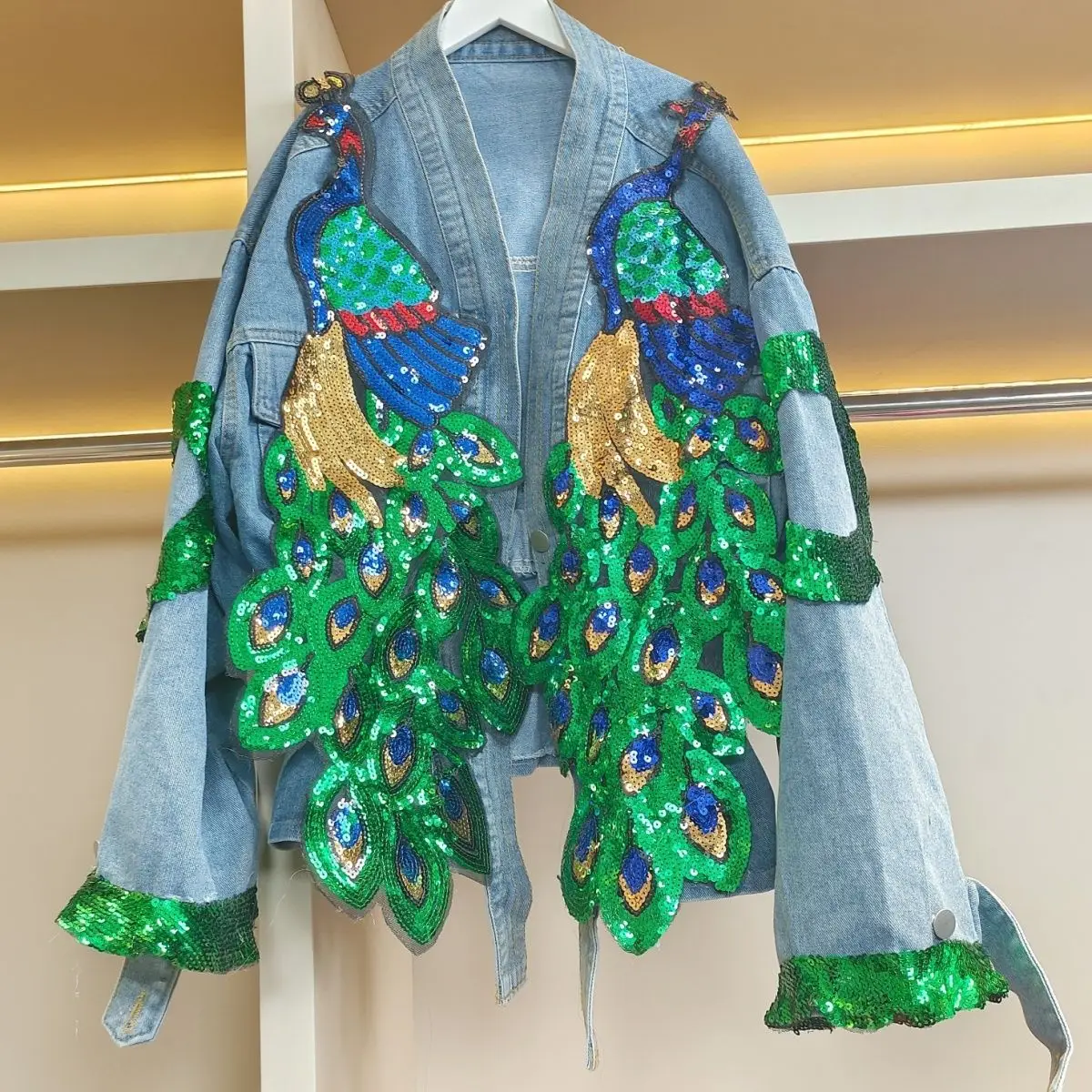 Women V-neck 3D Peacock Sequin - Embroidery Jeans Sakura review and price